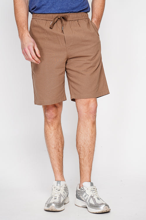 Bermuda shorts with elasticated waistband and drawstring, 2 side pockets on the front, 2 back pockets – Brown – Secret du Lin