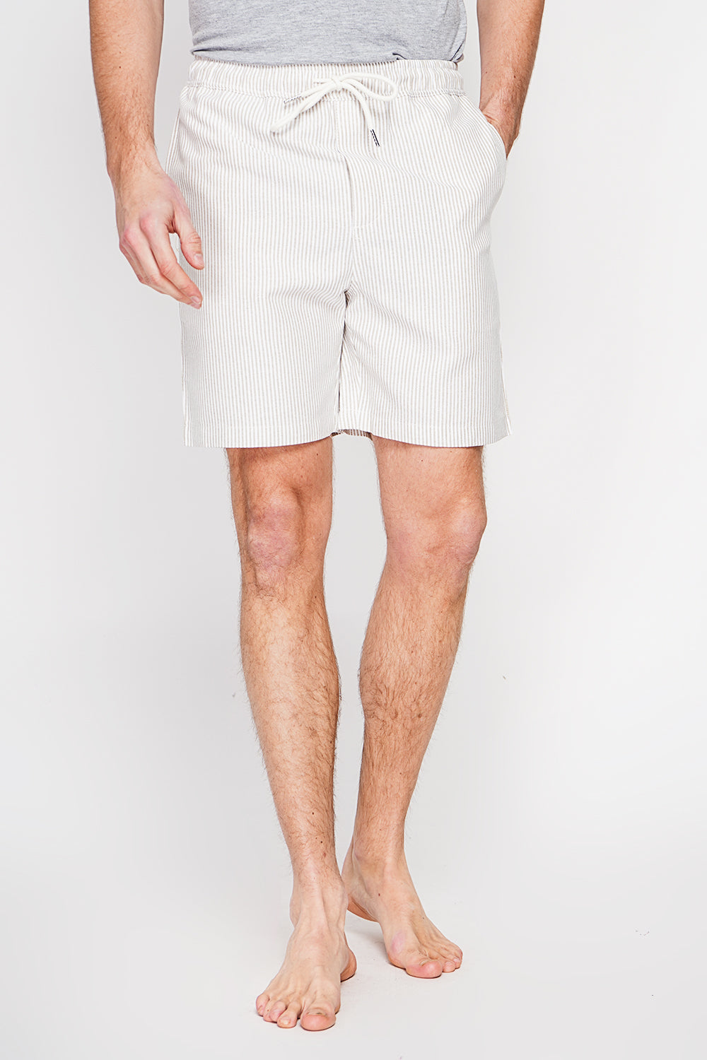 Bermuda rayé ceinture élastiquée avec cordon de serrage – Camel – Secret du Lin