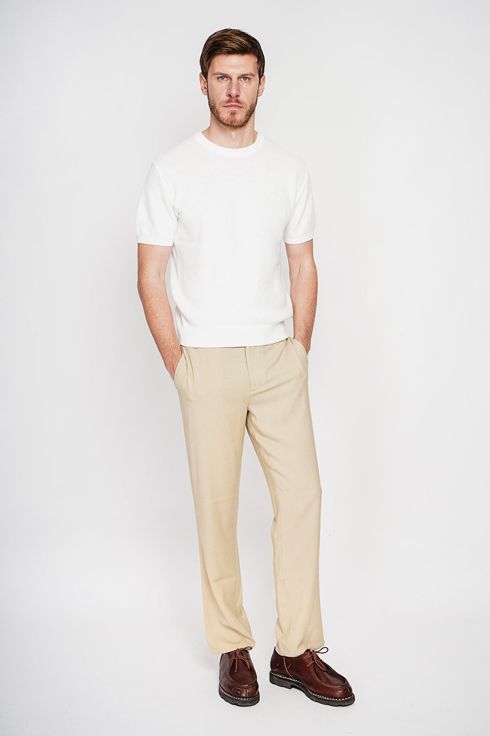 Round neck sweater with short sleeves and fancy knit – White – Secret du Lin
