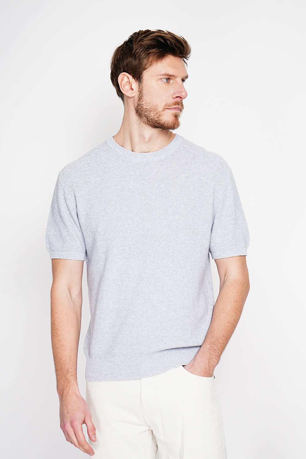 Pull col rond manches courtes tricot fantaisie – Gris perle – Secret du Lin