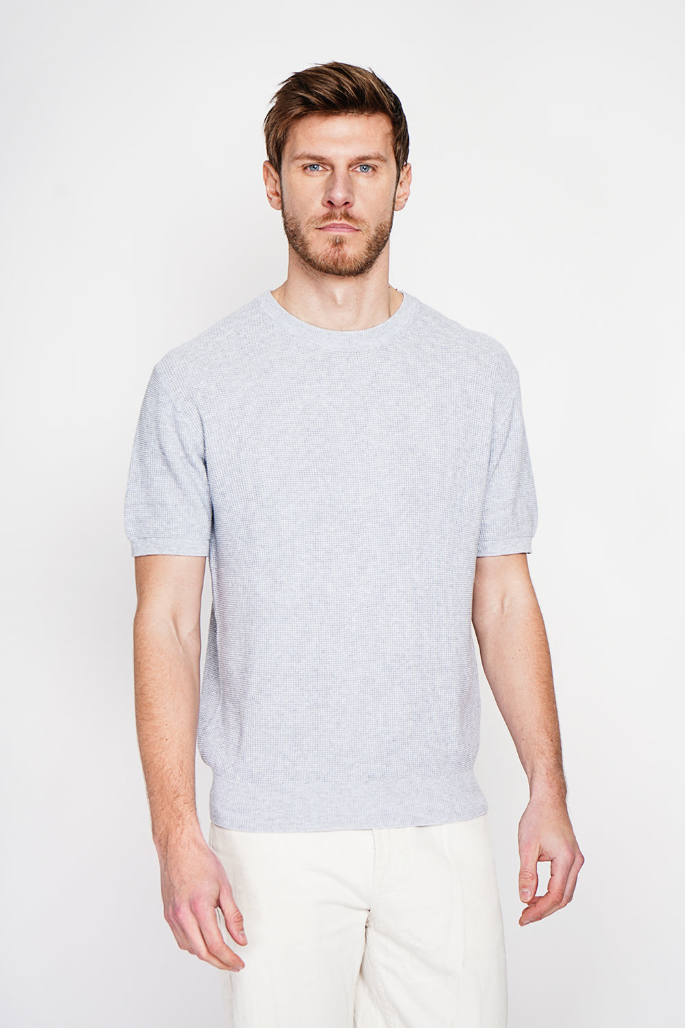 Pull col rond manches courtes tricot fantaisie – Gris perle – Secret du Lin