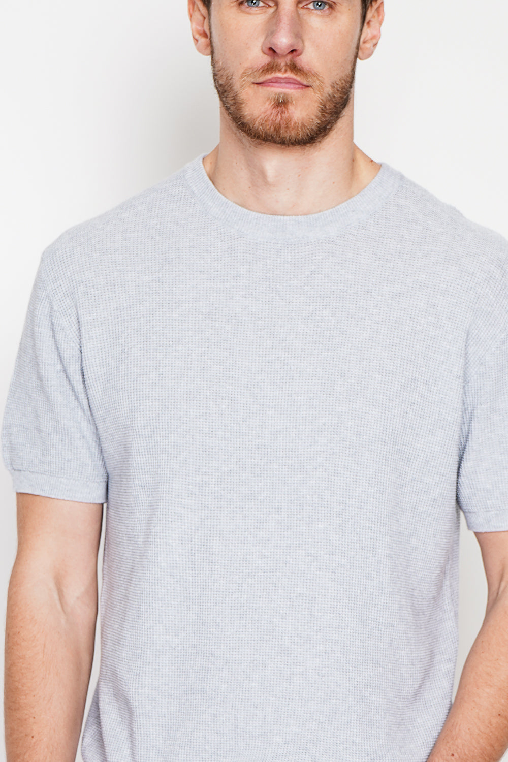 Pull col rond manches courtes tricot fantaisie – Gris perle – Secret du Lin