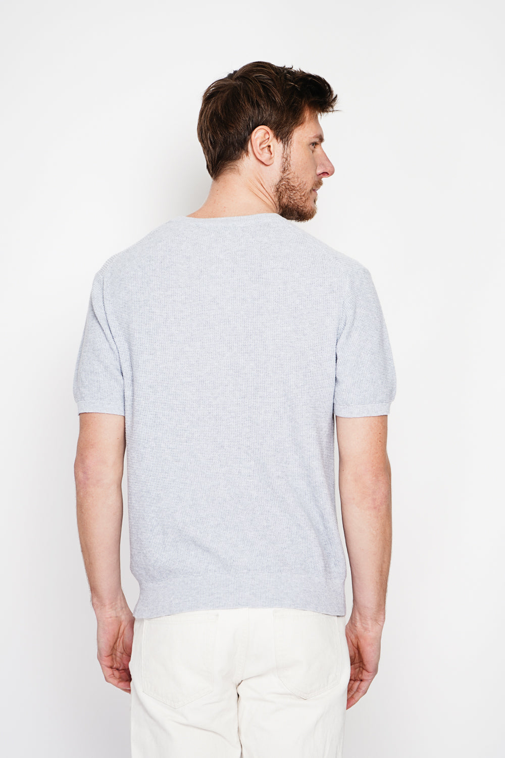Pull col rond manches courtes tricot fantaisie – Gris perle – Secret du Lin