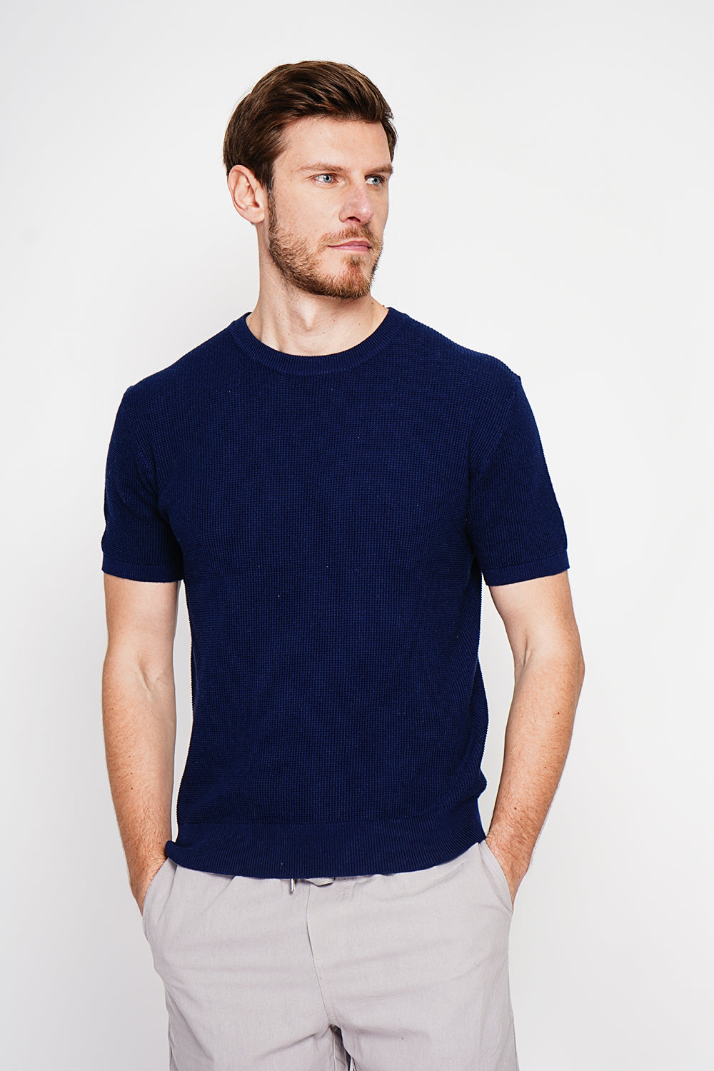 Pull col rond manches courtes tricot fantaisie – Bleu marine – Secret du Lin