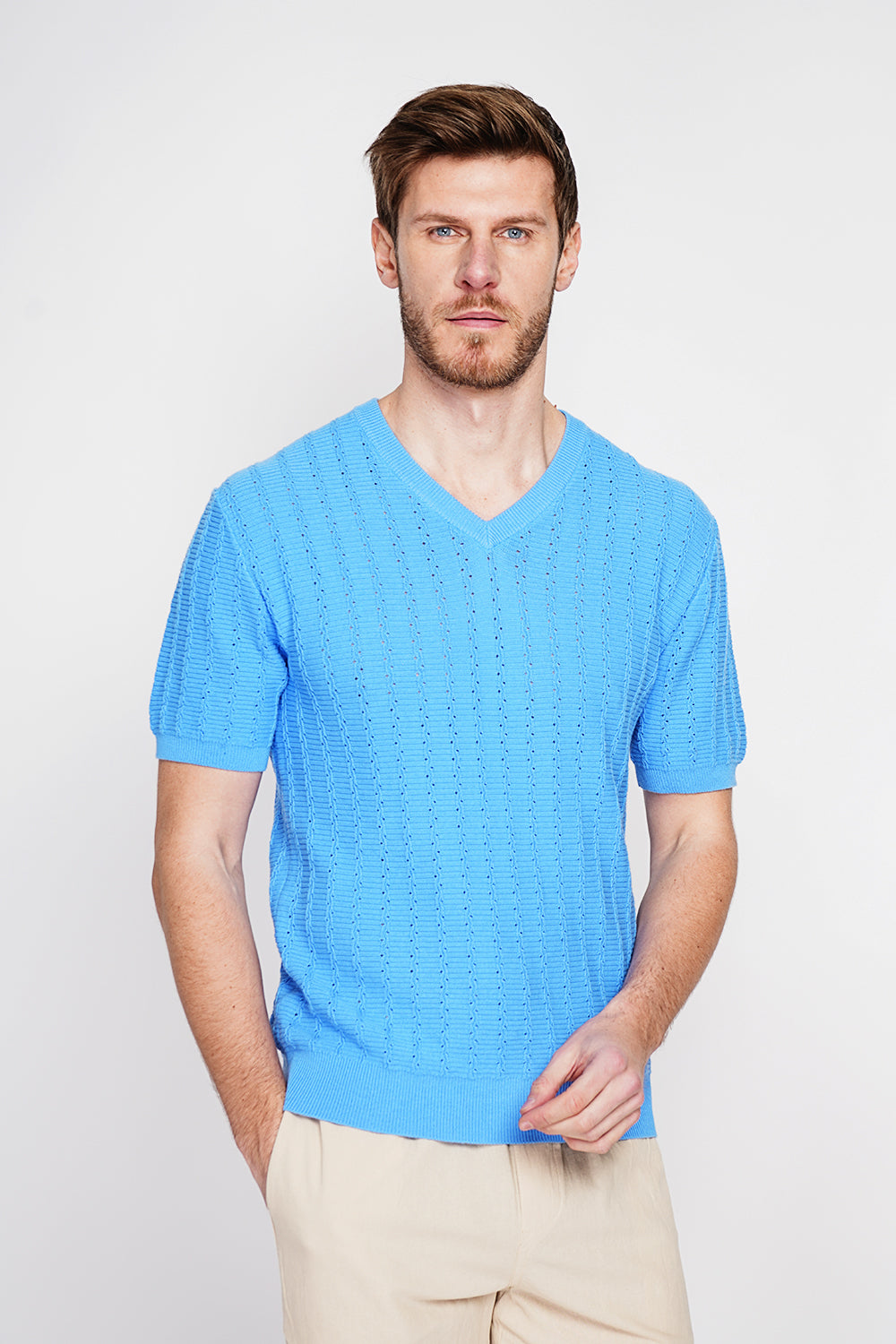 Pull col rond manches courtes tricot fantaisie – Bleu azur – Secret du Lin