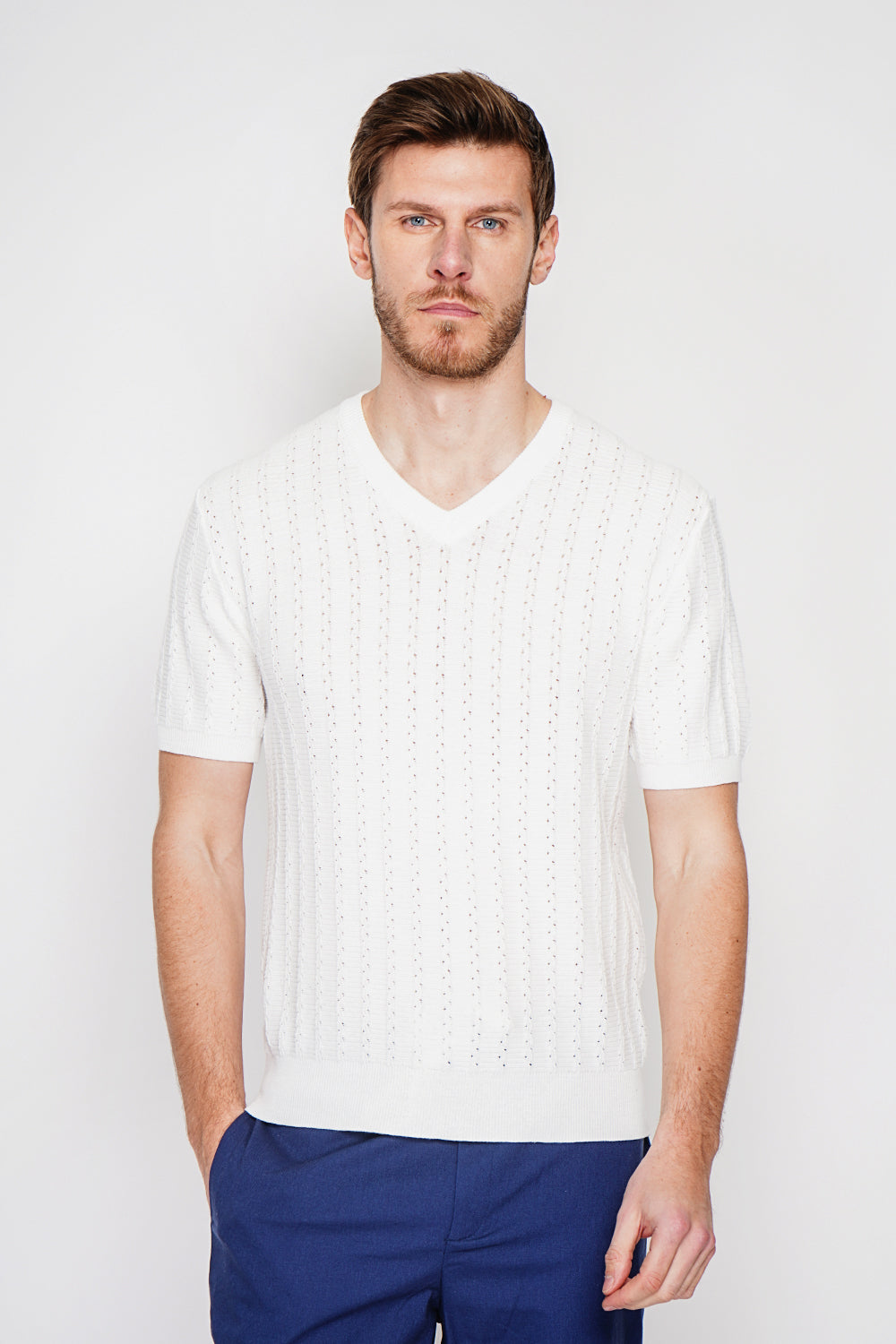 Pull col rond manches courtes tricot fantaisie – Blanc – Secret du Lin