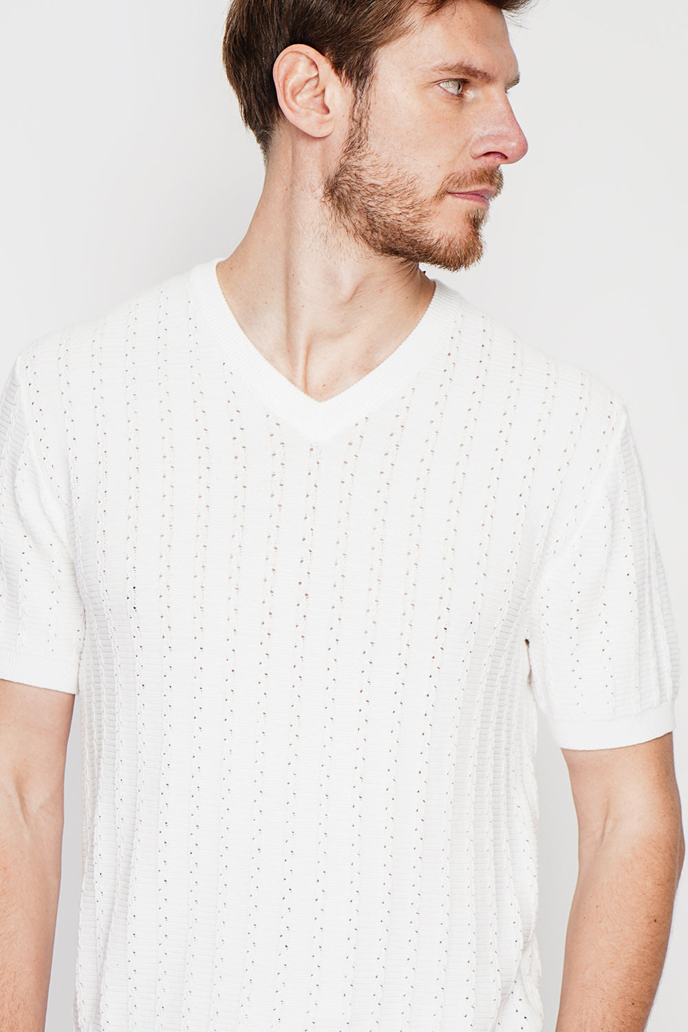 Pull col rond manches courtes tricot fantaisie – Blanc – Secret du Lin