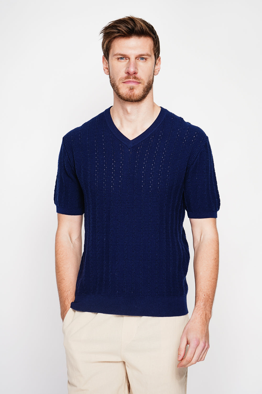 Pull col rond manches courtes tricot fantaisie – Bleu marine – Secret du Lin