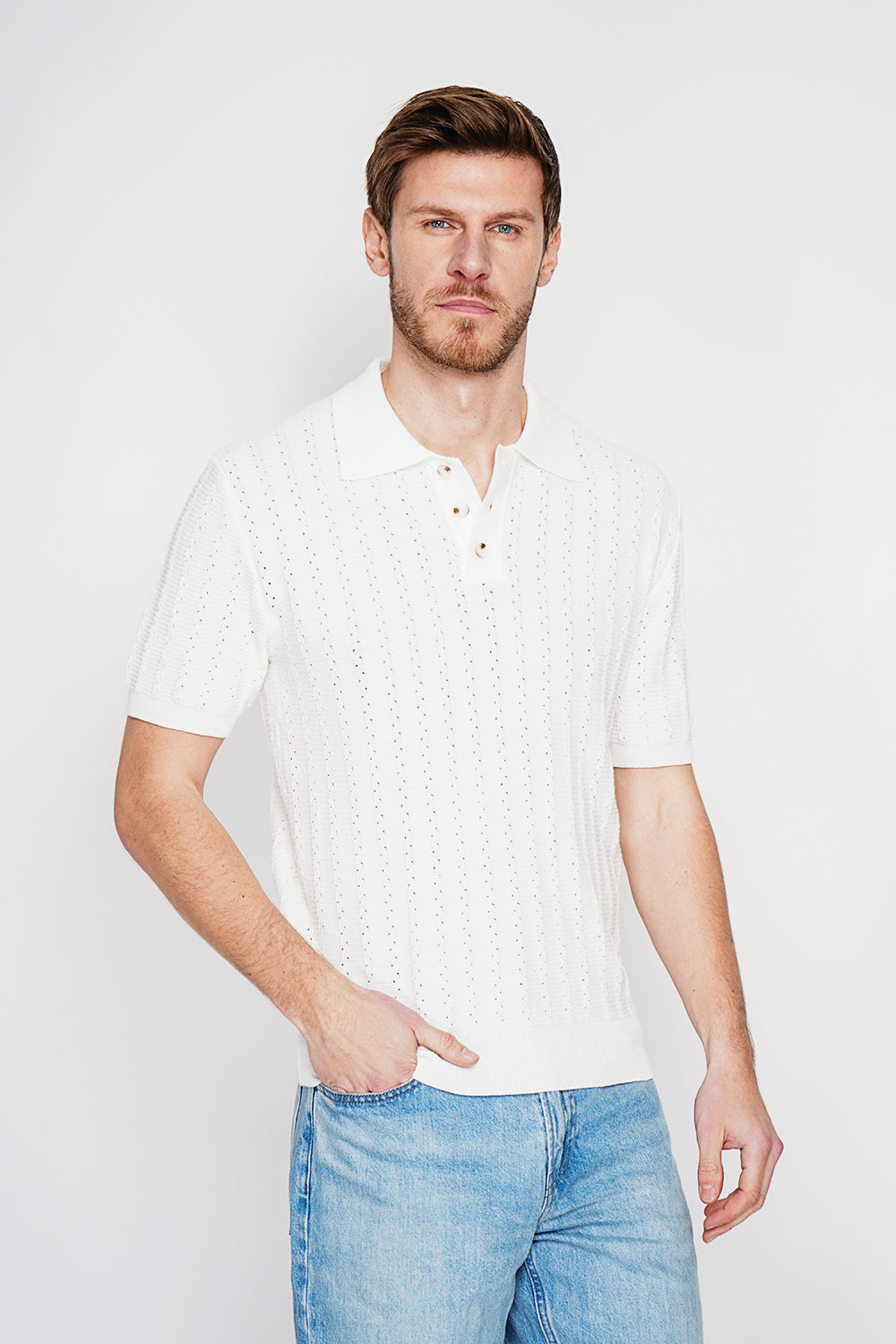 Pull col rond manches courtes tricot fantaisie – Blanc – Secret du Lin