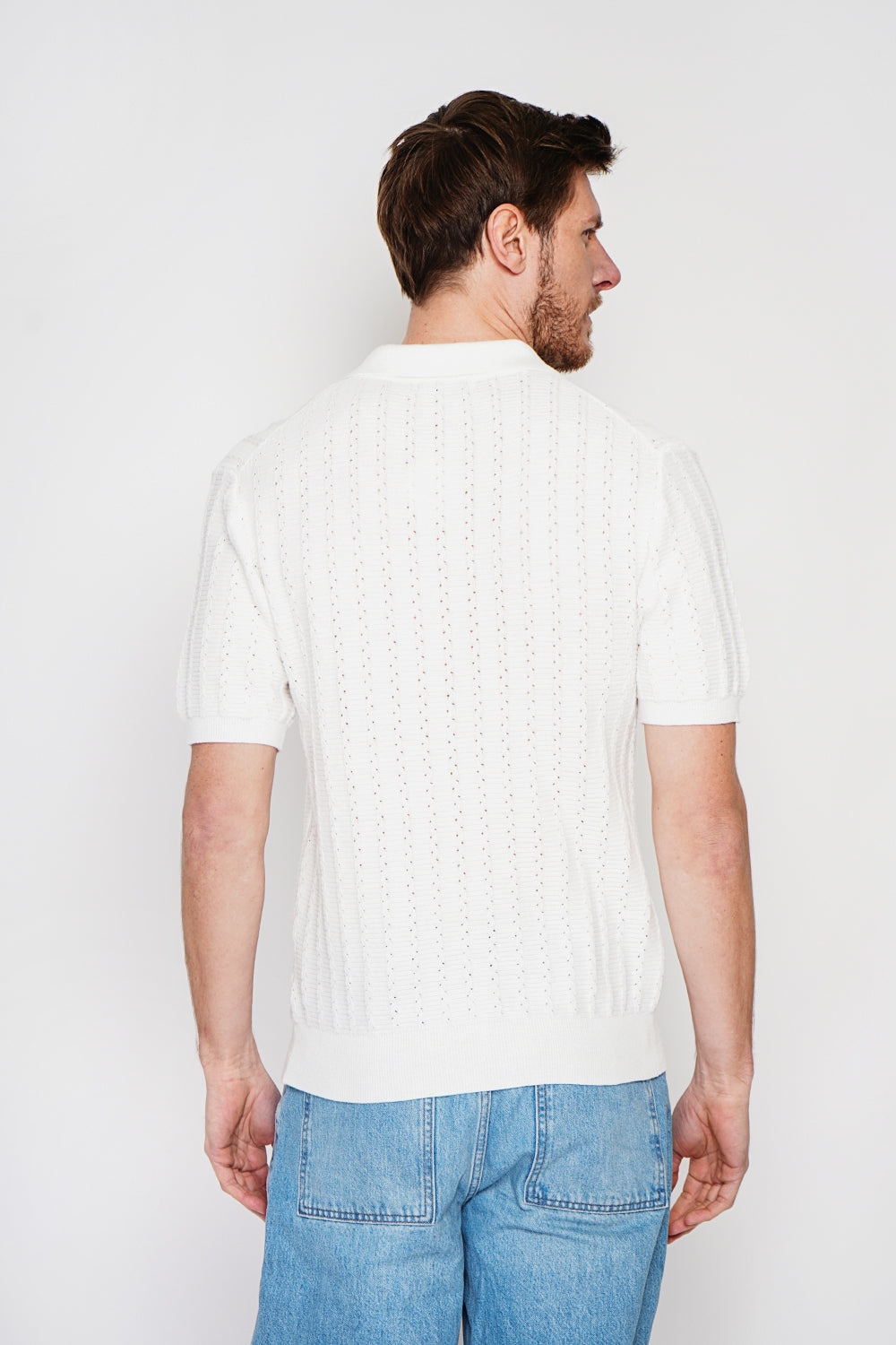 Pull col rond manches courtes tricot fantaisie – Blanc – Secret du Lin