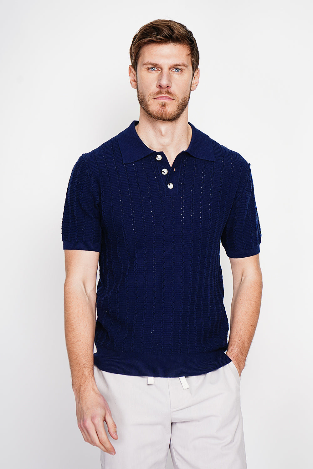 Pull col rond manches courtes tricot fantaisie – Bleu marine – Secret du Lin