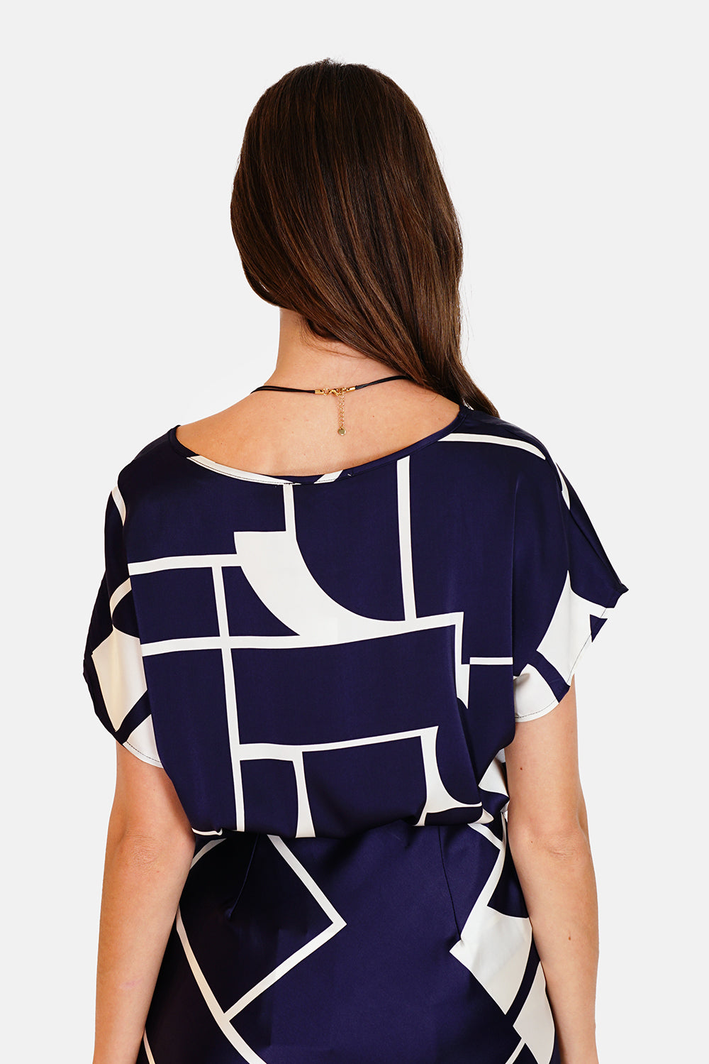 Wide printed round neck top with short sleeves