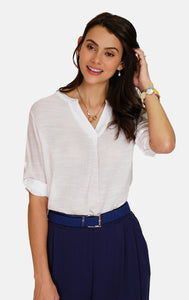 Buttoned front Tunisian collar top with 3/4 sleeves