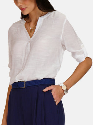 Buttoned front Tunisian collar top with 3/4 sleeves