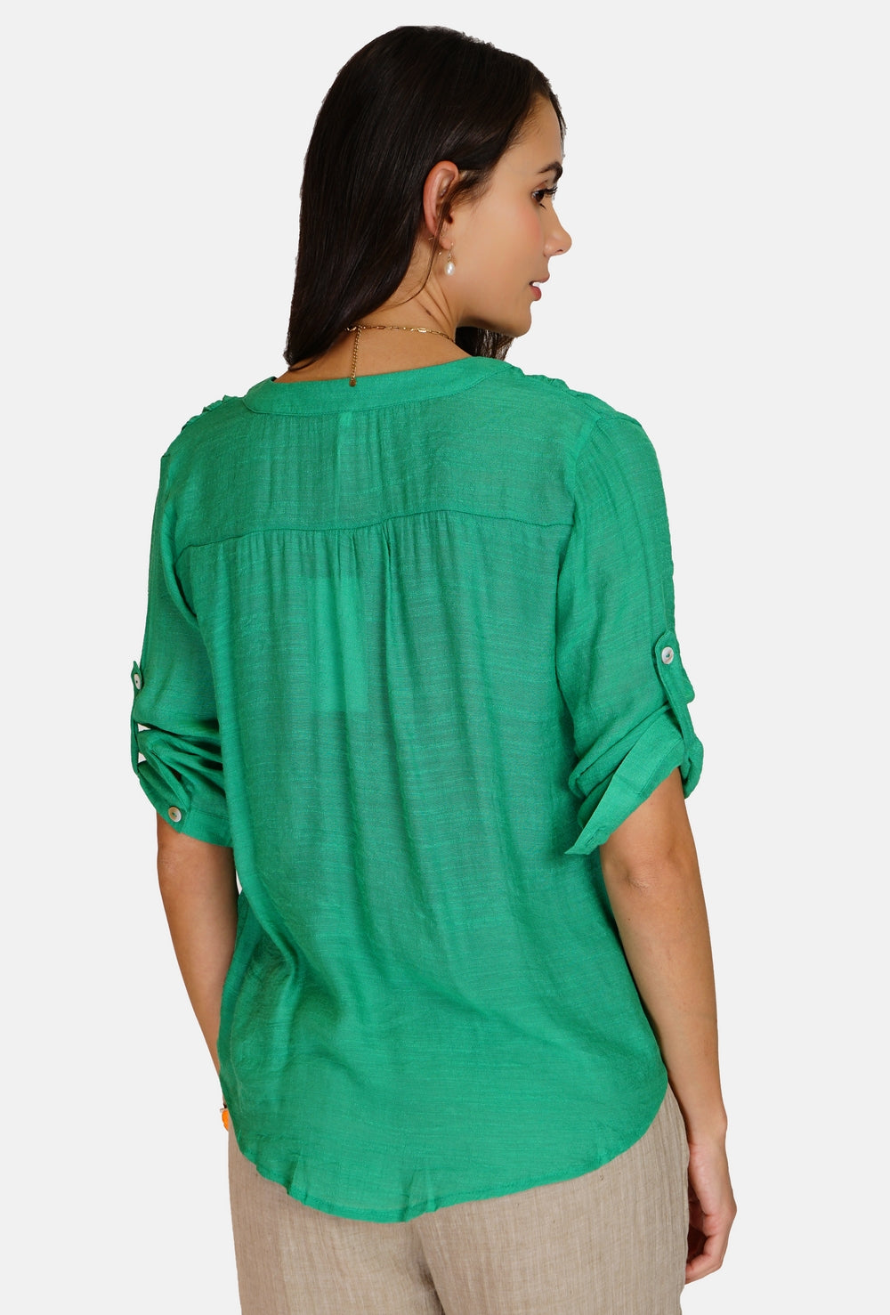 Buttoned front Tunisian collar top with 3/4 sleeves