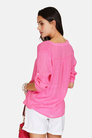 Buttoned front Tunisian collar top with 3/4 sleeves