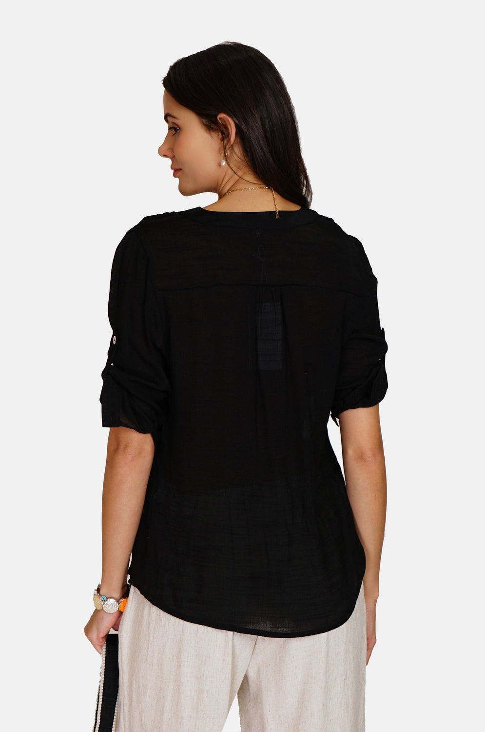 Buttoned front Tunisian collar top with 3/4 sleeves