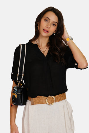 Buttoned front Tunisian collar top with 3/4 sleeves