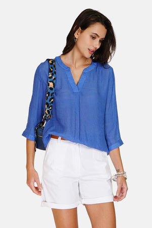 Buttoned front Tunisian collar top with 3/4 sleeves