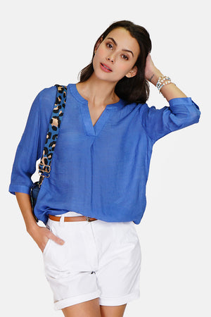 Buttoned front Tunisian collar top with 3/4 sleeves