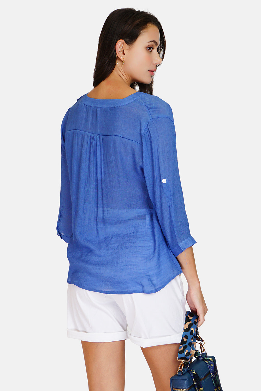 Buttoned front Tunisian collar top with 3/4 sleeves