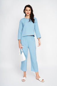 Round neck top with 3/4 sleeves and high waist wide leg pants set