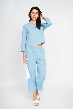 Round neck top with 3/4 sleeves and high waist wide leg pants set