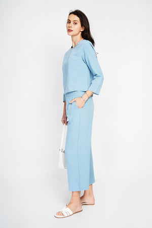 Round neck top with 3/4 sleeves and high waist wide leg pants set