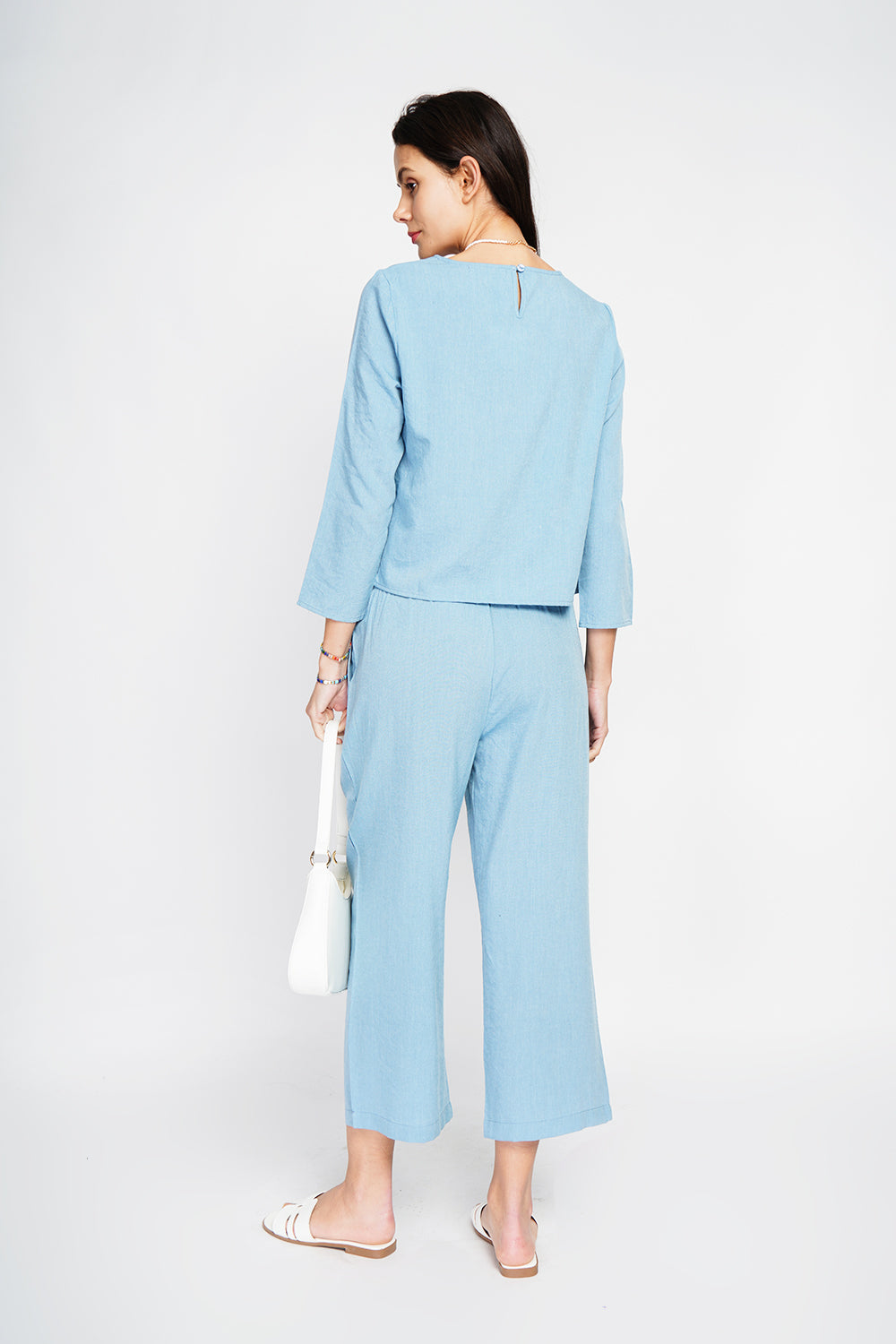 Round neck top with 3/4 sleeves and high waist wide leg pants set