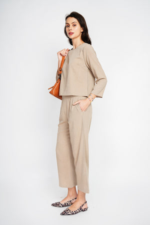 Round neck top with 3/4 sleeves and high waist wide leg pants set