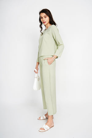 Round neck top with 3/4 sleeves and high waist wide leg pants set