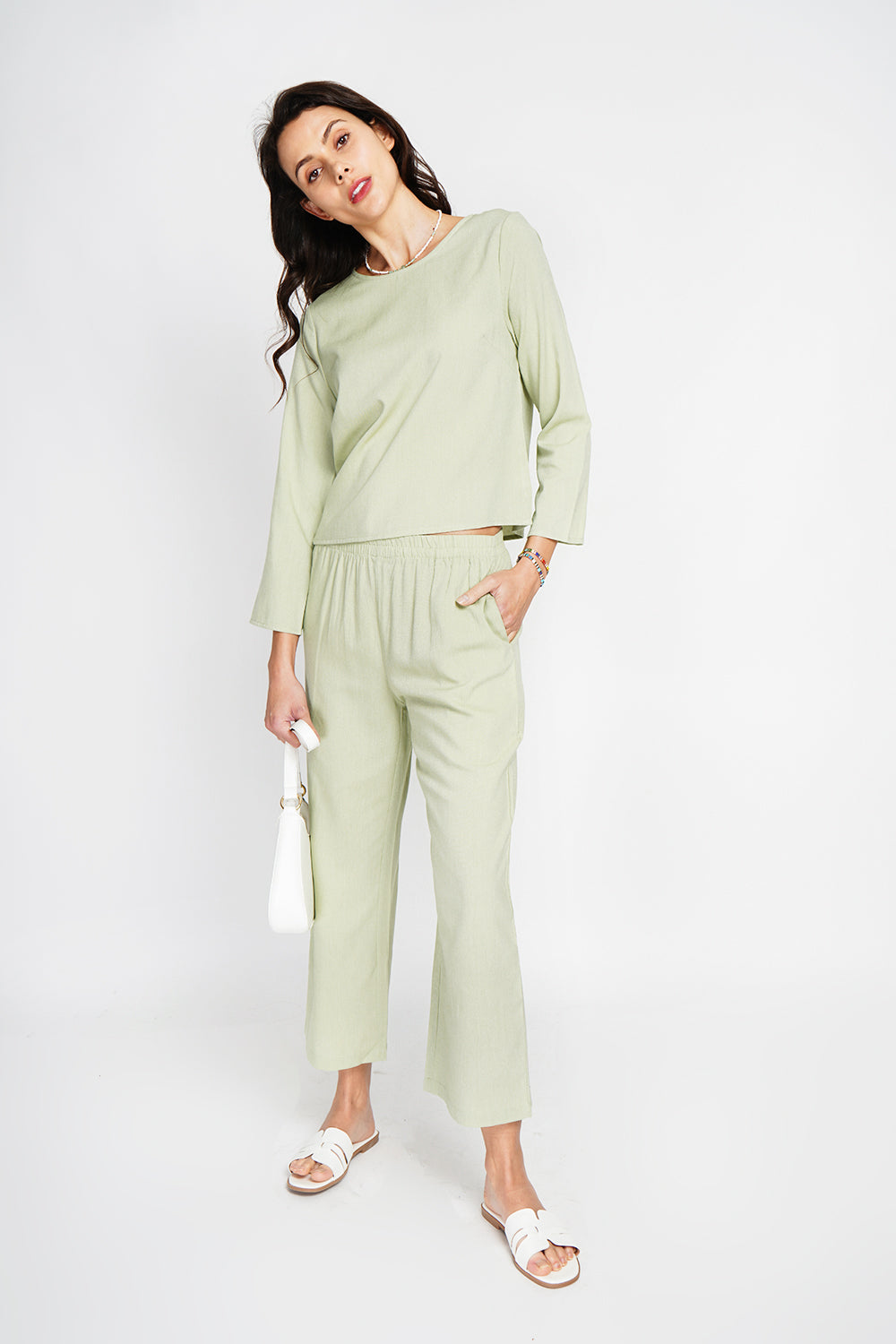 Round neck top with 3/4 sleeves and high waist wide leg pants set