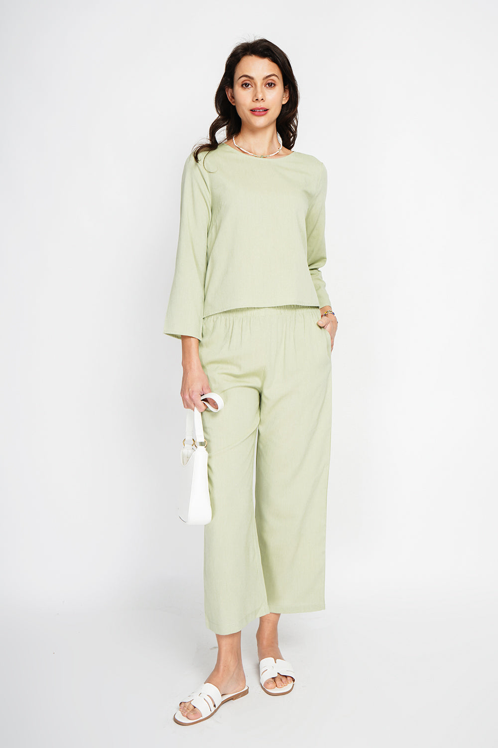 Round neck top with 3/4 sleeves and high waist wide leg pants set