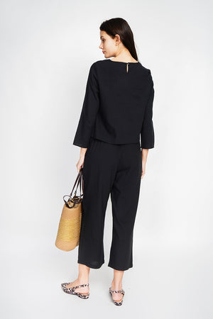 Round neck top with 3/4 sleeves and high waist wide leg pants set