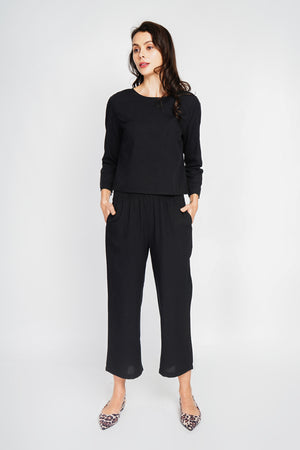 Round neck top with 3/4 sleeves and high waist wide leg pants set