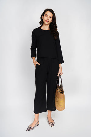 Round neck top with 3/4 sleeves and high waist wide leg pants set