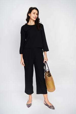 Round neck top with 3/4 sleeves and high waist wide leg pants set