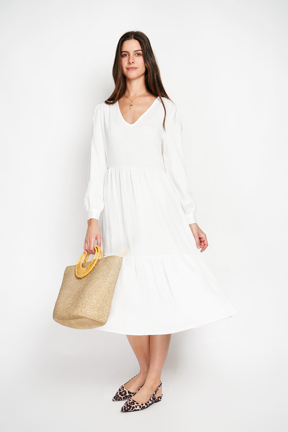 V-neck long flared pleated shoulder dress with sleeves