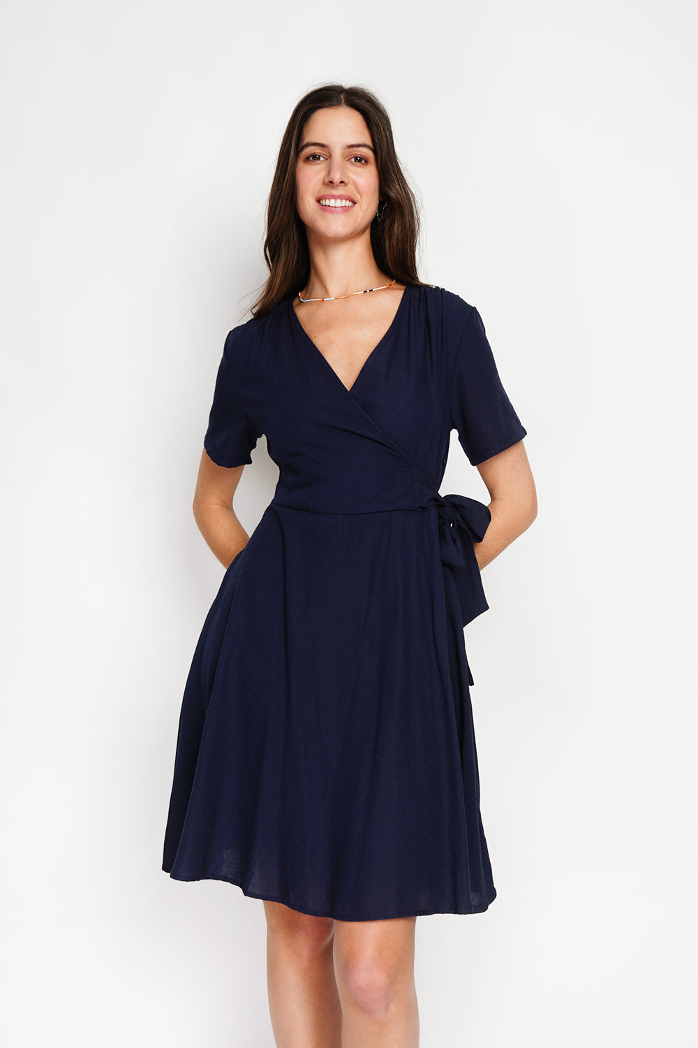 Wrap dress with belt and long sleeves – Navy – William de Faye