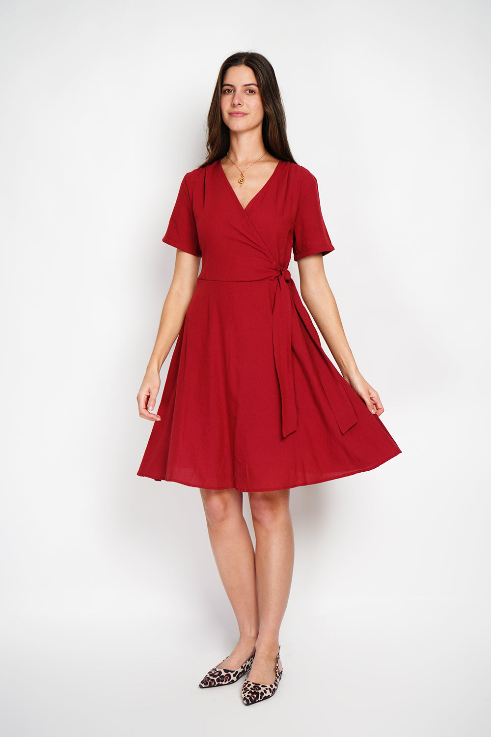 Wrap dress with belt and long sleeves