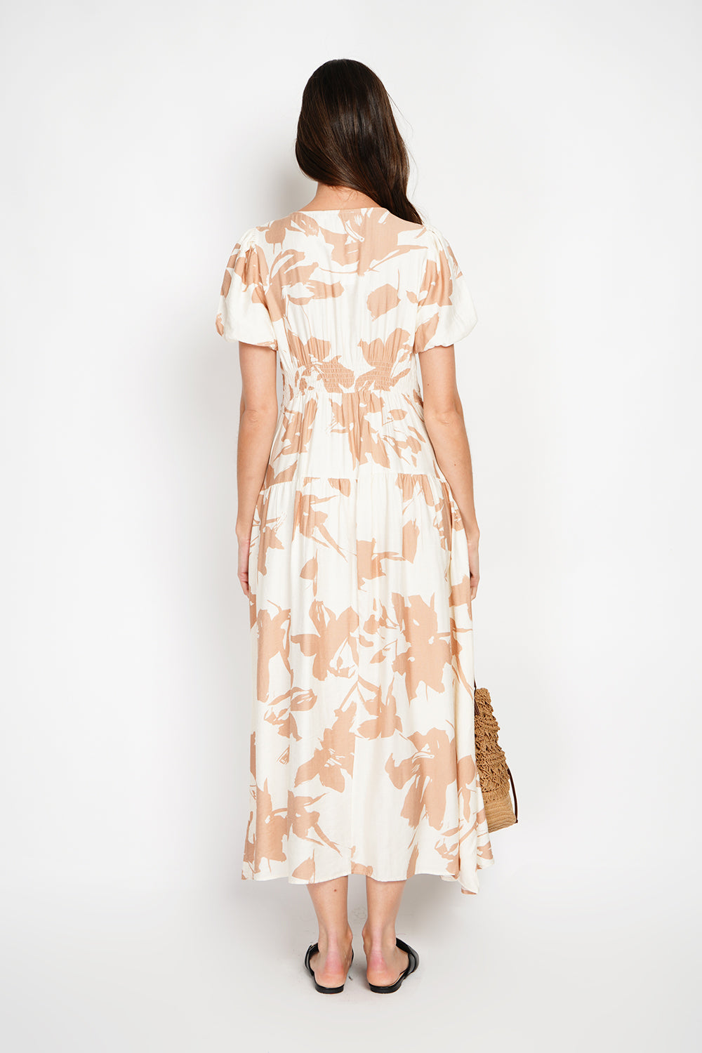 Robe longue imprimé floral manches 3/4 – Camel – William de Faye