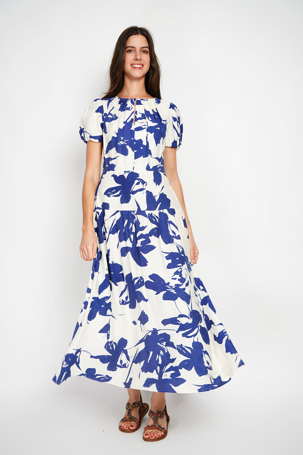 Robe longue imprimé floral manches 3/4 – Bleu marine – William de Faye