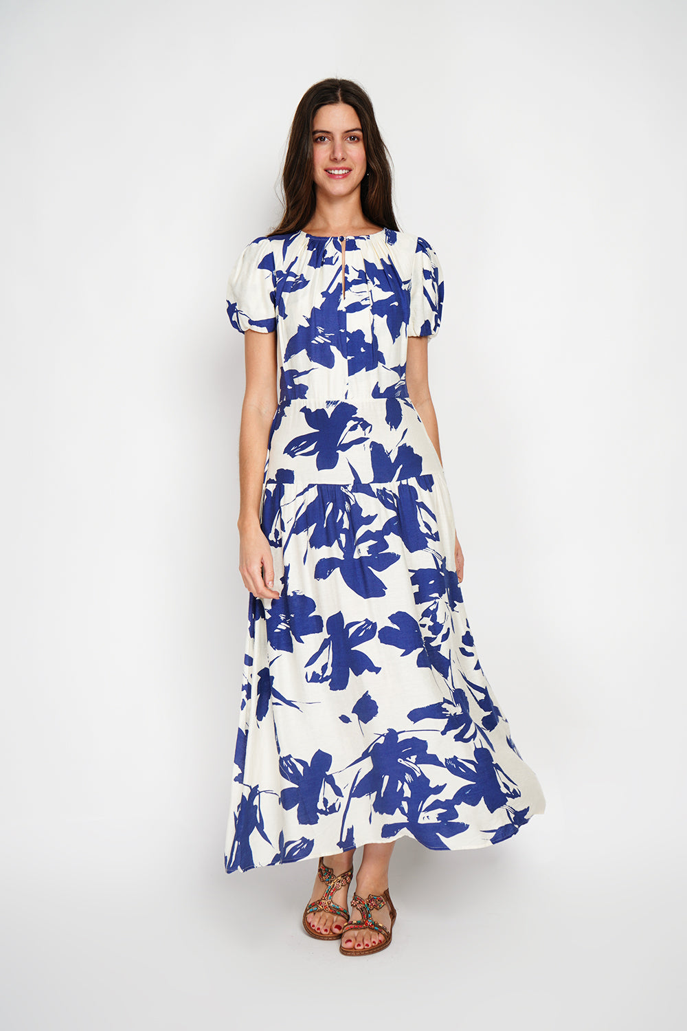 Robe longue imprimé floral manches 3/4 – Bleu marine – William de Faye