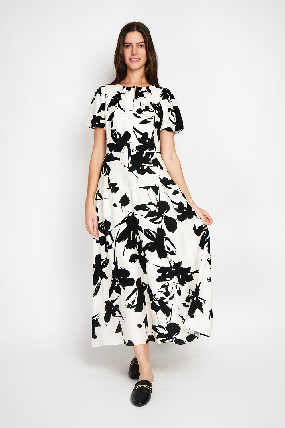Robe longue imprimé floral manches 3/4 – Noir – William de Faye