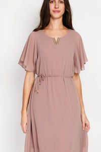 Long dress V-neck in fancy front with short sleeves