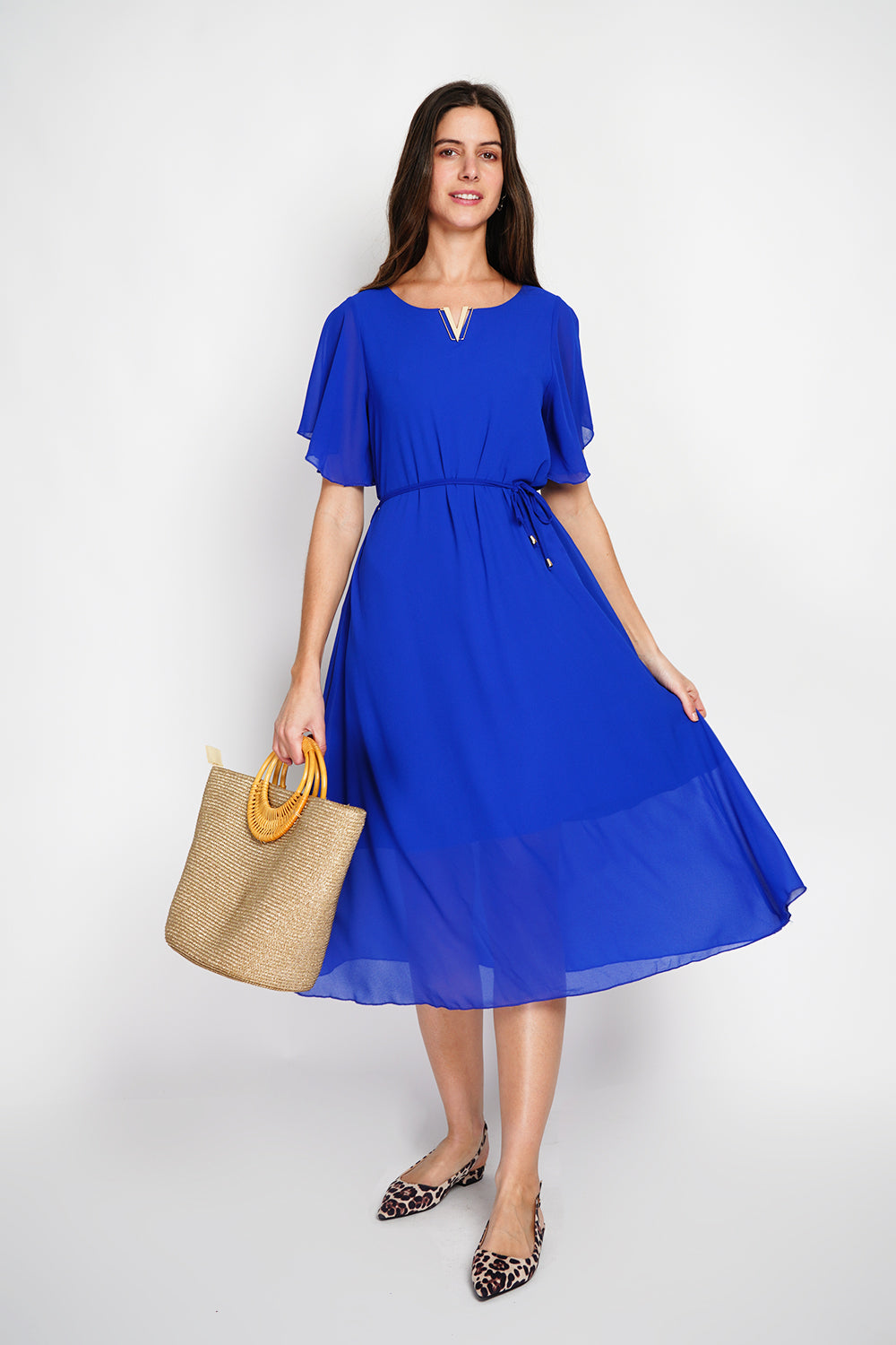 Long dress V-neck in fancy front with short sleeves