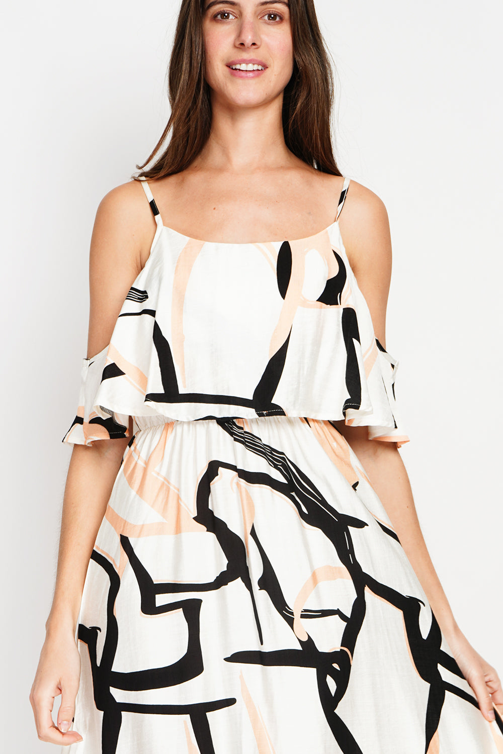 Printed long dress with short sleeves and open shoulders – White – William de Faye
