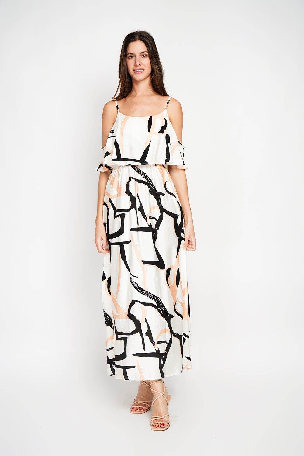 Printed long dress with short sleeves and open shoulders – White – William de Faye