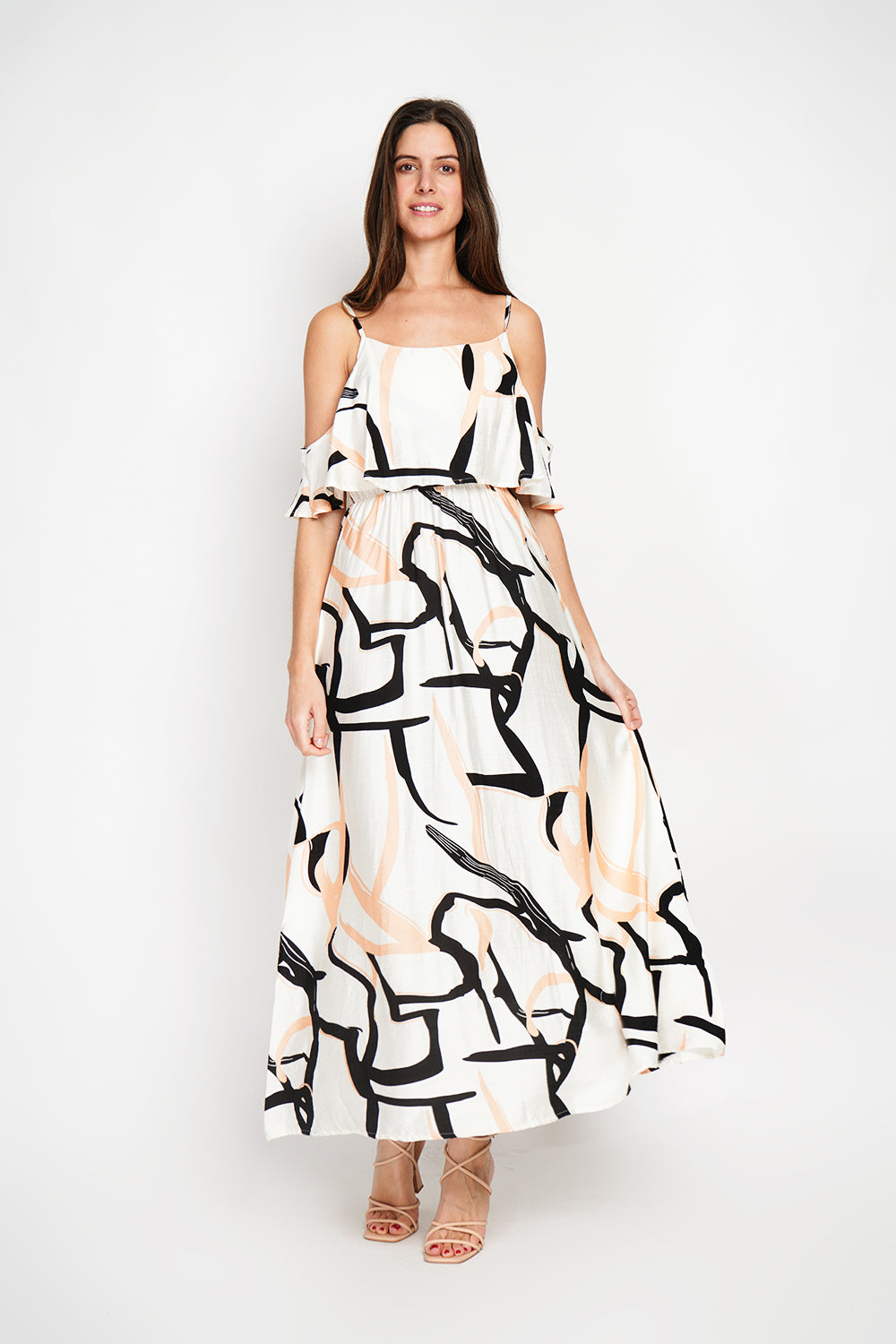 Printed long dress with short sleeves and open shoulders – White – William de Faye