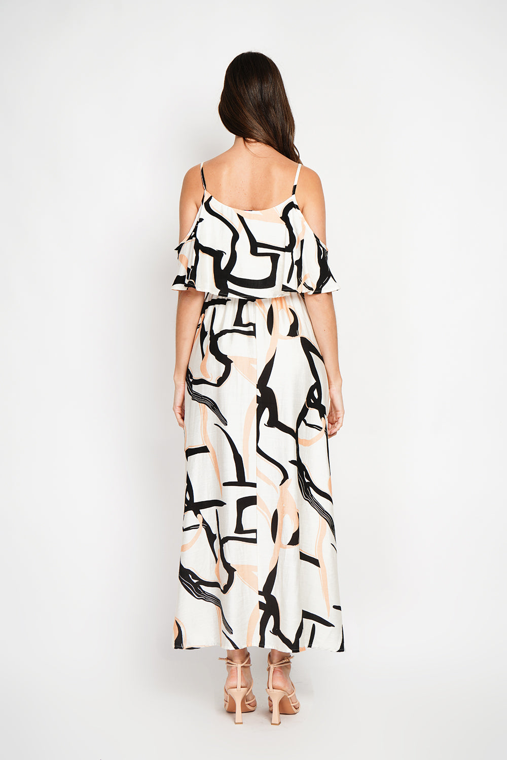 Printed long dress with short sleeves and open shoulders – White – William de Faye